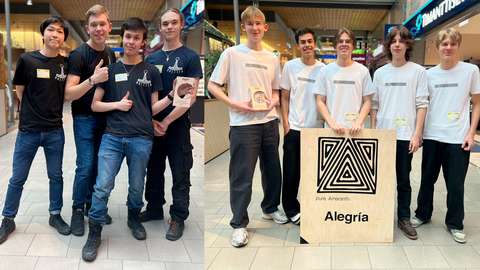 Kahdeksi kuvaa on yhdistetty yhdeksi kuvaksi. Vasemmalla puolella on neljä nuorta tummansinisissä paidoissa hymyilemässä. Oikealla puolella on viisi nuorta valkoisissa paidoissa ja lattialla on kyltti, jossa lukee Alegría.