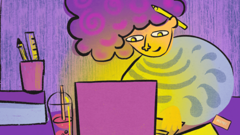 A cartoon character is sitting at a computer writing.