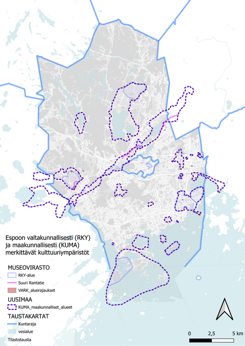 Karttakuvaan on merkitty Espoon kulttuuriympäristöjen ja arkeologisten alueiden rajat.