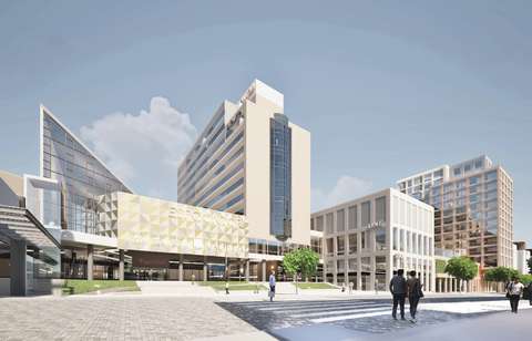 An illustration showing light-coloured, multi-storey buildings. One of the buildings has text on the wall saying Espoontori. There is a pedestrian crossing and people walking in the foreground.