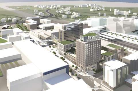 An illustration showing two tall buildings with low-rise buildings between them.