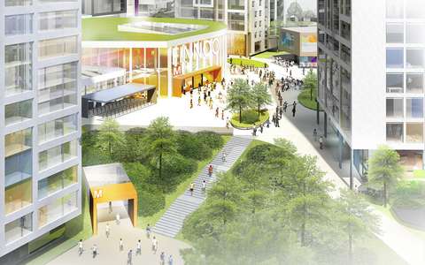 Havainnekuva kaupunkiympäristöstä, jossa korkeiden talojen keskellä on kävelyteitä, puita, istutuksia, jalankulkijoita ja metroaseman sisäänkäynti.