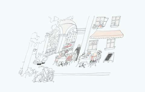 Käsin piirretyssä kuvassa on kaupunkinäkymä, jossa kerrostalon julkisivua, kaariholvia ja katukahvila.