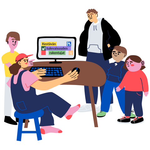 Piirroskuva, jossa lapsia ja nuoria yhdessä tietokoneella. Tietokoneen näytöllä lukee Kestävän tulevaisuuden rakentajat. 