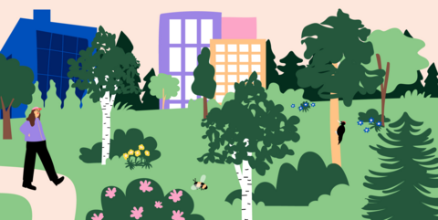 Illustration av en person som går i en mycket grönskande stadsmiljö.