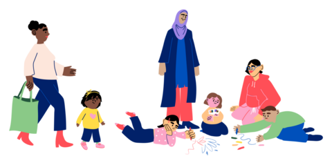 Illustration med vuxna och barn på ett daghem.