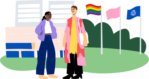 Kaksi nuorta kaupunkimaisemassa, taustalla pride-lippu.