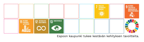 YK:n kestävän kehityksen tavoitteet -kuvakkeet: 7. Edullista ja puhdasta energiaa, 9. Kestävää teollisuutta, innovaatioita ja infrastruktuureja, 11. Kestävät kaupungit ja yhteisöt, 12. Vastuullista kuluttamista ja tuotantoa,13. Ilmastotekoja.