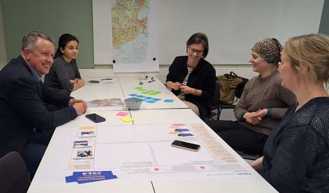 Pöydän ääressä istuu viisi eri-ikäistä ihmistä hymyillen. Pöydällä ja taustalla seinällä karttoja, tarralappuja ja suuri kanvaasi. 