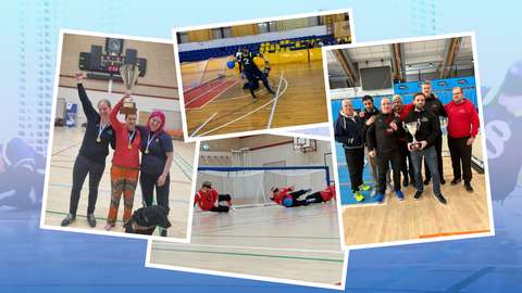 Kuva on neljän valokuvan kollaasi. Ensimmäisessä kuvassa kolme henkilöä tuulettavat pokaalin kanssa, kuvassa näkyy myös musta opaskoira. Toisessa ja kolmannessa kuvassa on maalipallon pelitilanne, jossa maalia puolustetaan. Neljännessä kuvassa seitsemän henkilöä pokaalin kanssa liikuntasalissa, taustalle Espoo liikkuu -logo.