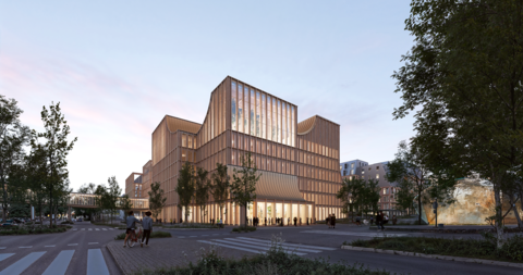 Illustrationsbild av en upplyst byggnad. Vägar och träd runtomkring.