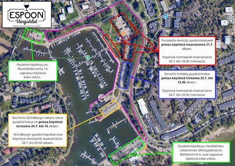 Kuvassa on Haukilahden alueen kartta, johon on merkitty Espoon Viinijuhlien aikaiset pysääköintialueet.