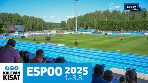 The picture shows the stadium of Leppävaara Sports Park and the audience. On the picture is also the logo of  Kalevan kisat year 2025 with the dates 1-3 August 2025. In the upper corner is the logo of the city of Espoo and the logo of Espoo liikkuu.