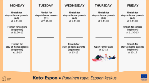 Koto-Espoon englanninkielinen viikkokalenteri Espoon keskuksessa.