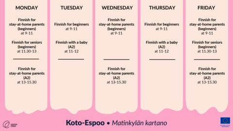 Koto-Espoon englanninkielinen viikkokalenteri Matinkylässä.