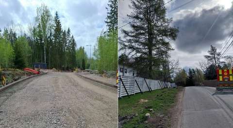 Kaksi kuvaa. Vasemmassa kuvattuna vielä rakentamisvaiheessa sorapinnalla oleva katu, oikeassa kuvattuna asfaltoitu katu, jossa vasemmalla puolella nurmialuetta, josta osa tullaan leventämään tieksi.