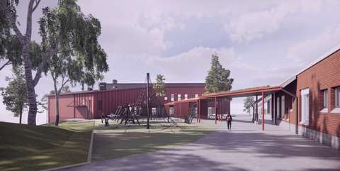 Peruskorjatun ja laajennetun Sunan koulun havainnekuva, jossa on punainen koulurakennus.