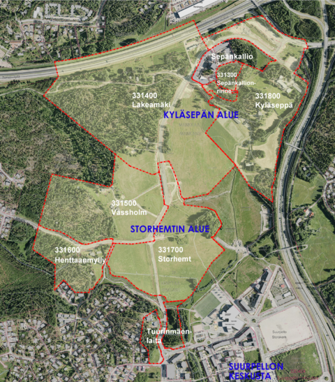 Kaava-alueiden rajaukset ja nimet ilmakuvapohjalla.