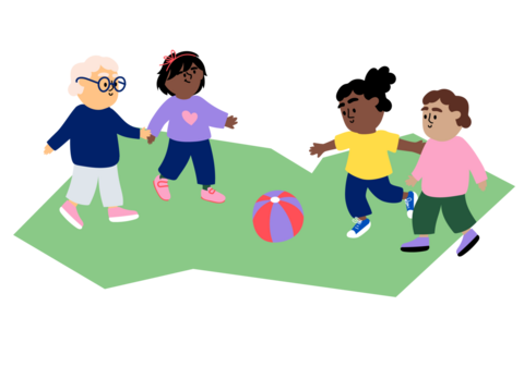 En illustration med barn som spelar fotboll.