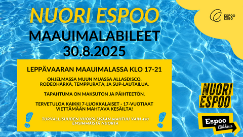 Maauimalabileet 30.8.2025 Leppävaaran maauimalassa 7-luokkalaisille-17-vuotiaille.