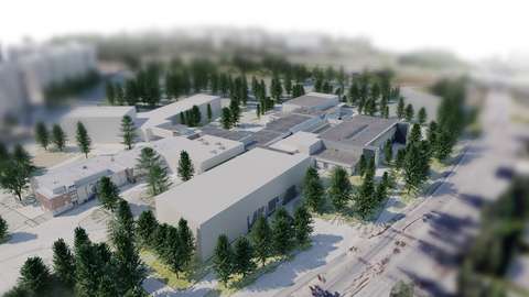 Kuva koulun korttelisuunnitelmasta näyttää miltä mahdollinen toteutus näyttää.