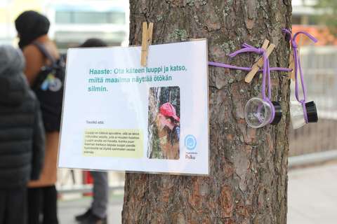 Kuvassa pyykkipojalla ja narulla männyn runkoon kiinnitetty rastitehtävä sekä luuppi.