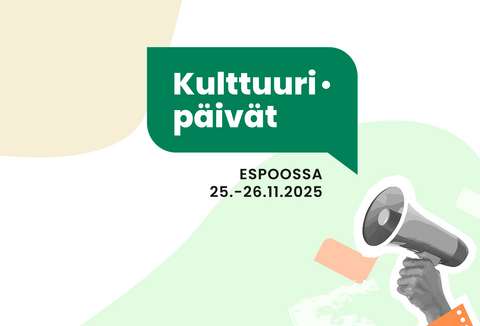 Kuvan tekstissä lukee "Kulttuuripäivät. Espoossa 25.-26.11.2025." Kuvituksena käsi, joka pitelee megafonia.