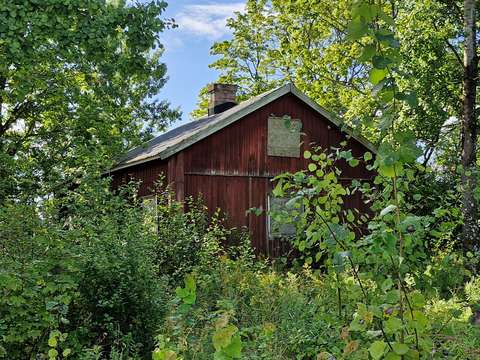 Puinen vanha rakennus, jonka ympärillä on puita ja pusikkoa.