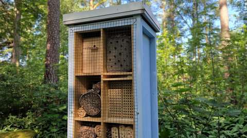 Kuvassa puurakenteinen kehikko metsän keskellä, jonka sisällä on luonnonmateriaaleista rakennettuja pesiä.