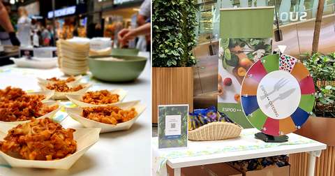 Tasting portions of food and a wheel of fortune.