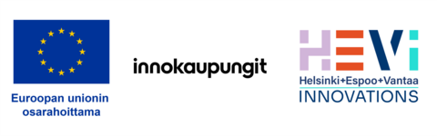 Logot: Euroopan unionin osarahoittama, innokaupungit, HEVinnovations (Helsinki + Espoo + Vantaa innovations)
