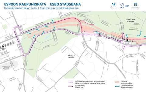 Kartbild av Esbo centrum, där trafikarrangemangen under stängningen av Kyrkträskvägens bro beskrivs.