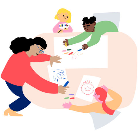 Illustration av barn och vuxna som sitter vid ett bord och ritar.