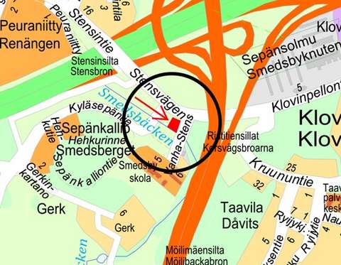 Opaskarttaan on merkitty punaisella rajauksella suunnittelualue.