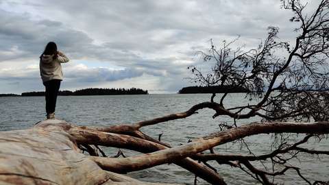 Henkilö katsoo merelle päin. 