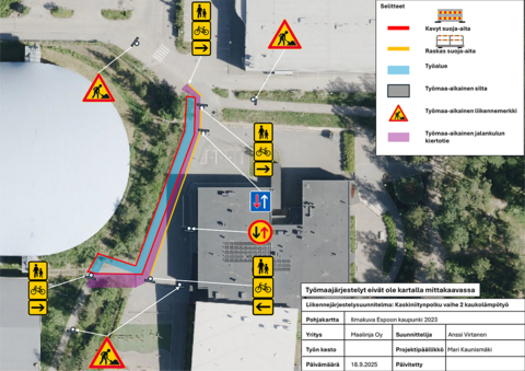 Jousenkaaren koulun poikkeusjärjestelyt työmaan aikana. Väylällä raskaita aitauksia ja jalankulun kiertotie nykyisen väylän reunassa.