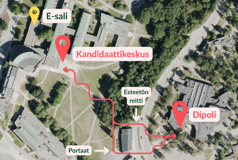 Opastekartta Dipolista Kandidaattikeskukseen.