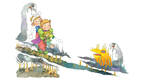 Two little boys fight monsters.