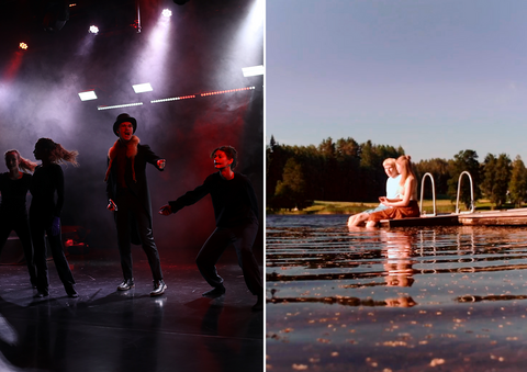 Vasemmalla: Veera van der Meer, Veera Kahanpää, Atte Ruohola ja Ada Giorgiani. Kuva teatteriproduktiosta "Viimeinen siirto" kevät 2025. - Oikealla: Inkeri Tuikkanen ja Luka Töyrä. Kuva mediadiplomityöstä ja lyhytelokuvasta "Audesta" keväältä 2024.