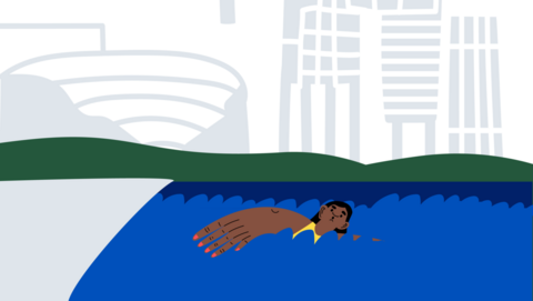 Piirroskuvassa on ihmishahmo uimassa.