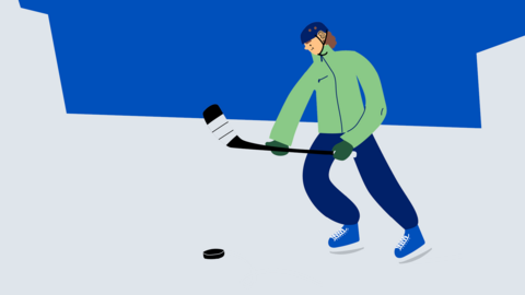 Picture shows a drawn character playing ice hockey.