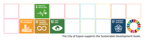 UN Sustainable Development Goals - icons: 3. Good Health and Well-being, 11. Sustainable Cities and Communities, 12. Responsible Consumption and Production, 13. Climate Action, 17. Partnerships for the Goals. The City of Espoo support the Sustainable Development Goals.