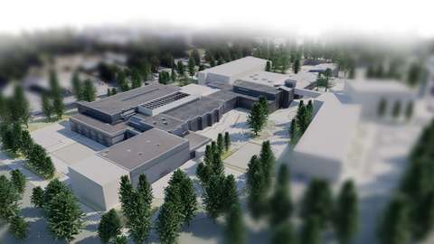 Havainnekuva, jossa on vaaleita matalia rakennuksia ja niiden ympärillä puita.