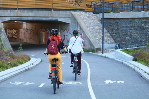 Två cyklister på en cykelbana.