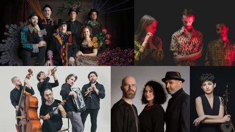 Kuvakollaasi Sellosalissa nähtävistä maailmanmusiikin esiintyjistä: The Klezmatics, Quite Vivian, Söndörgő, Wishamalii ja Melisa Yıldırım.