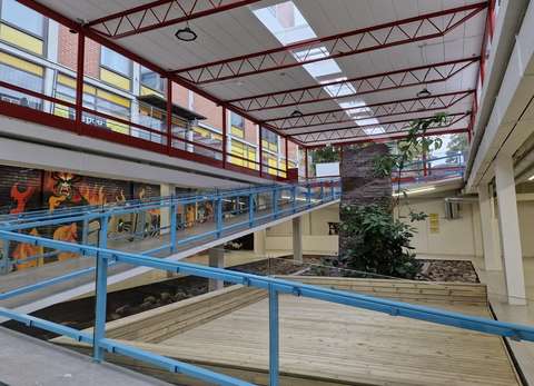 Vihreät kasvit luovat keitaan, ja korkeat ikkunat päästävät valon sisään, luoden rauhallisen tilan.