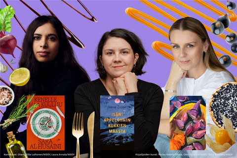 Kuvassa kirjailijavieraat ja heidän teoksensa.