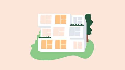 Talo jonka takaa pilkistää puu, piirroskuva.