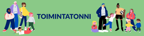 Två grupper av tecknade barn och ungdomar med texten Toimintatonni mellan dem.
