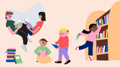 Tecknade barn i olika åldrar som läser böcker.